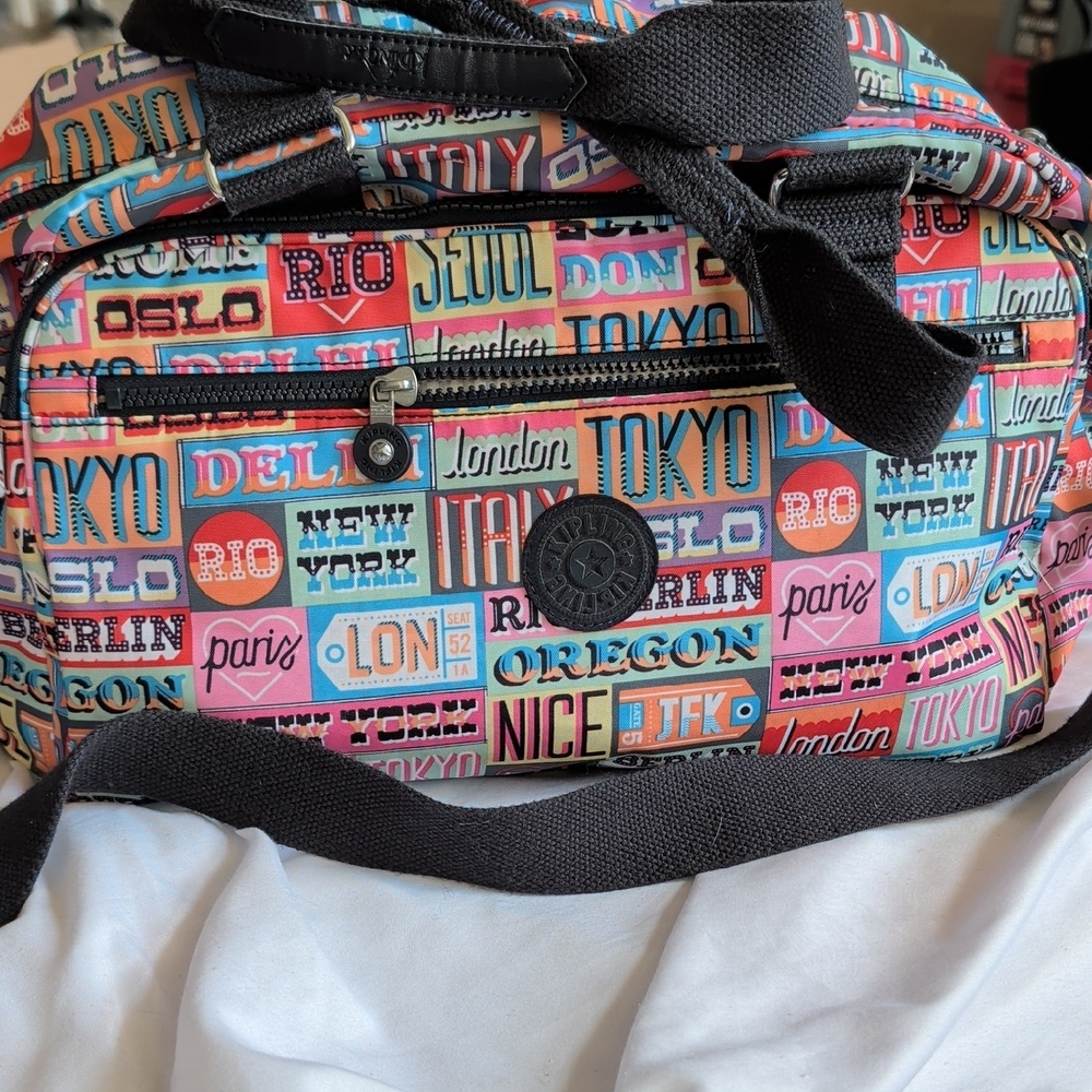 Kipling Multicolor City-Name Print Travel Crossbody Bag with Black Strap